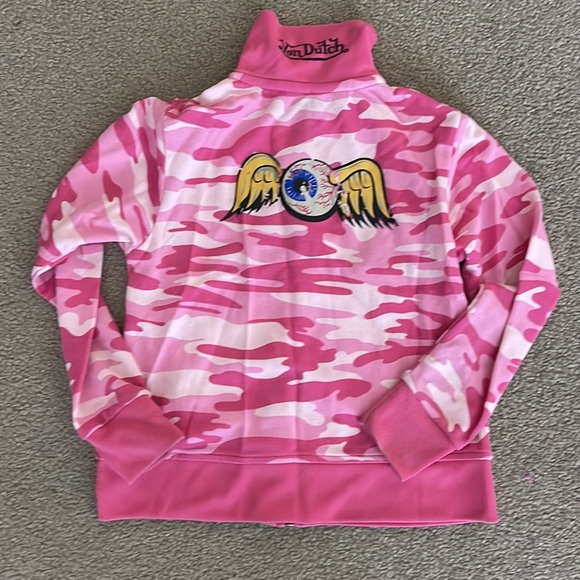 Pink camo Von Dutch zip up hoodie with patches and design on back- brand new - Picture 6 of 7